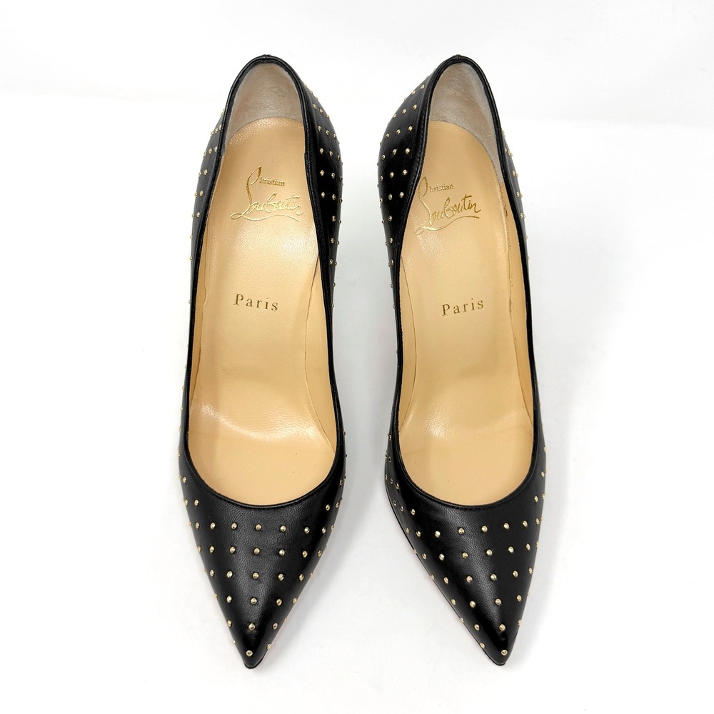 Christian Louboutin Pigalle Follies Black Leather Gold Stud Pumps 100mm 37 - Picture 2 of 9